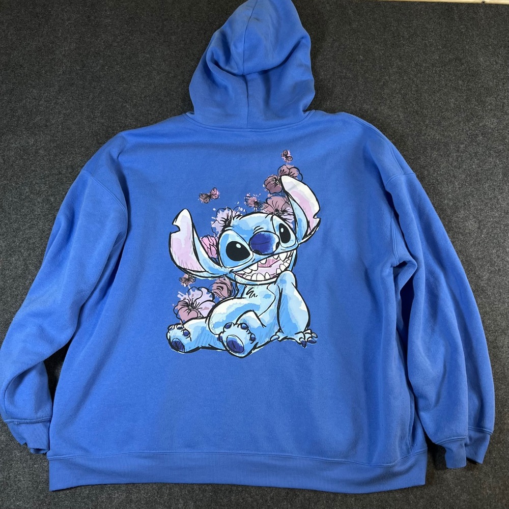 Disney‎ Stitch Blue Zip Up Hoodie Hibiscus Floral Graphic Sweatshirt 3X